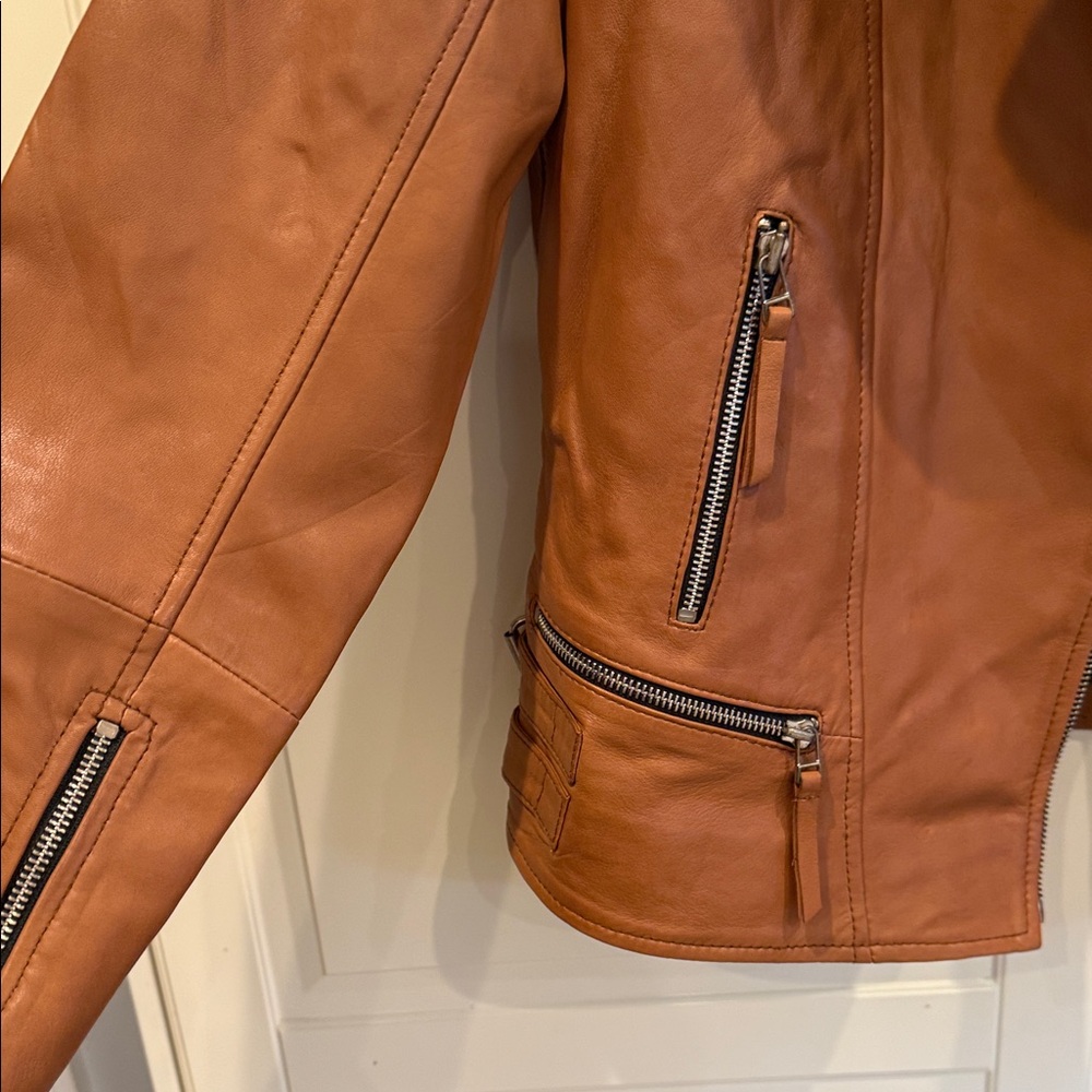 Women's Leather Moto Jacket - Cognac - Picture 3 of 9